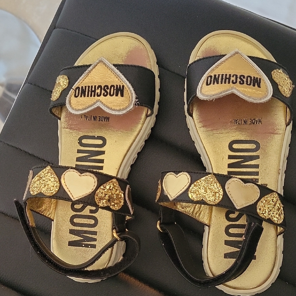 Moschino Black and Gold Heart-Accent Kids Sandals